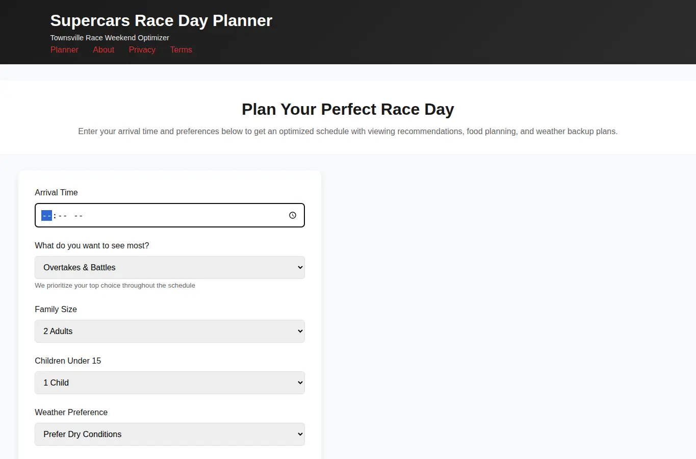 Screenshot of Supercars Race Day Planner - Townsville interface showing the project page in use